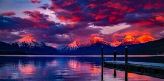 Stunning sunset over a serene lake with colorful sky and majestic mountains.